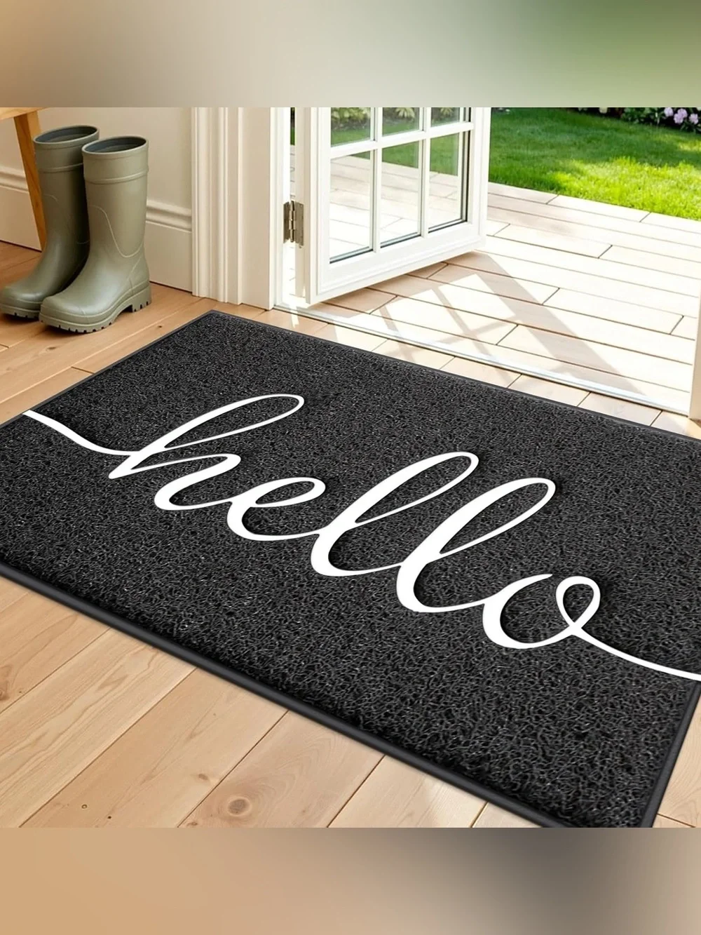 Hello Script Indoor Door Mat - Black 17.5 inches x 30 inches